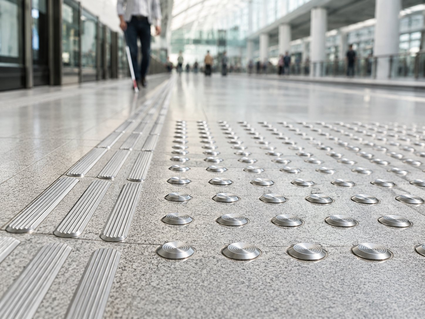 Stainless steel tactile warning studs and directional strips installed on a metro station platform