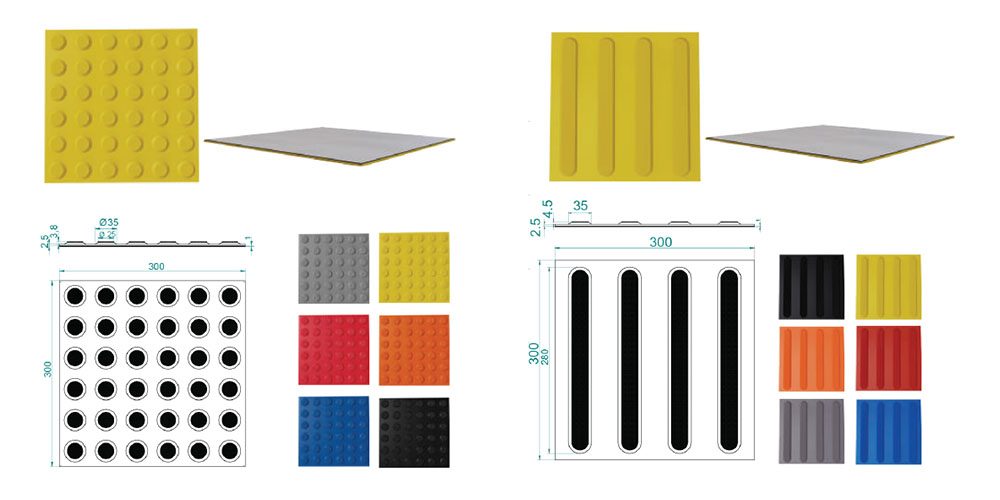 Polyurethane PU tactile tiles 300 x 300 mm in six colours