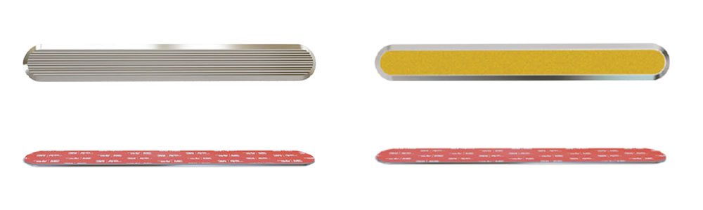 Self-adhesive tactile directional strips in stainless steel, brass and aluminium