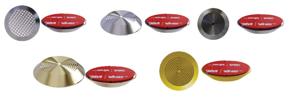 Self-adhesive tactile studs with 3M double-sided tape in stainless steel and PVD finishes