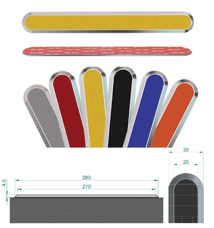 Self-adhesive stainless steel tactile strip with carborundum insert