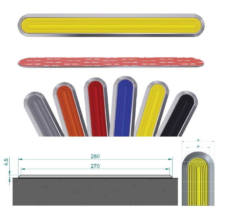 Self-adhesive stainless steel tactile strip with poly insert