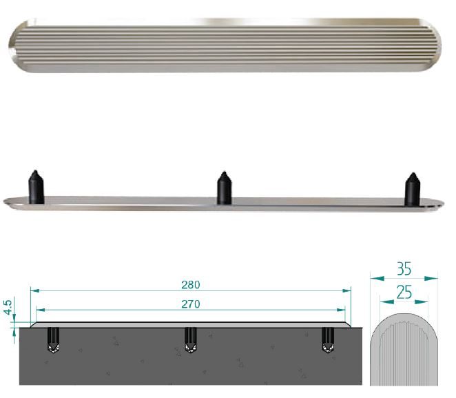 Stainless steel tactile strip with poly sleeves on stems
