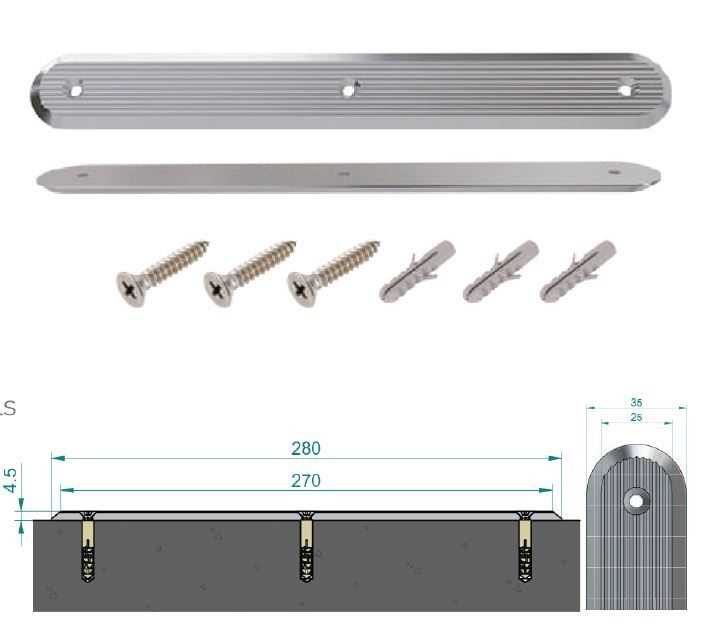 Stainless steel tactile strip with screw fixing for carpet, linear pattern