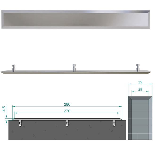 Stainless steel tactile strip with square ends and plain top