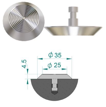 Stainless steel tactile stud with concentric ring pattern and stem