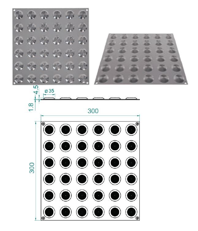 Stainless steel tactile tile with 36 concentric ring studs